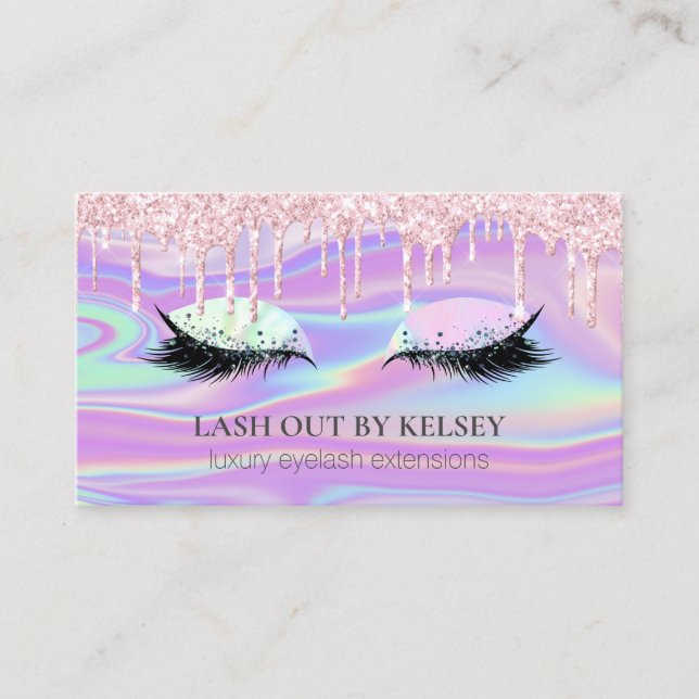 Makeup Artist Holographic Lashes Pink Glitter Drip Business Card (Front)