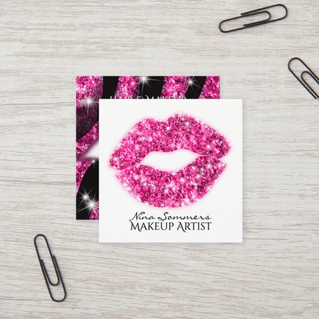 Makeup Artist Hot Pink Glitter Lips Zebra Print Square Business Card (Front/Back In Situ)