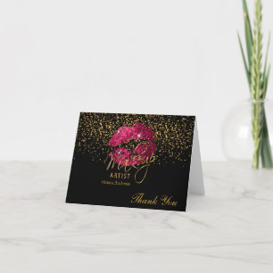 Makeup Artist Hot Pink Lips on Black Thank You Card