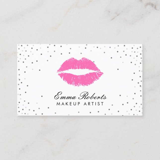 Makeup Artist Hot Pink Lips Silver Confetti Business Card (Front)