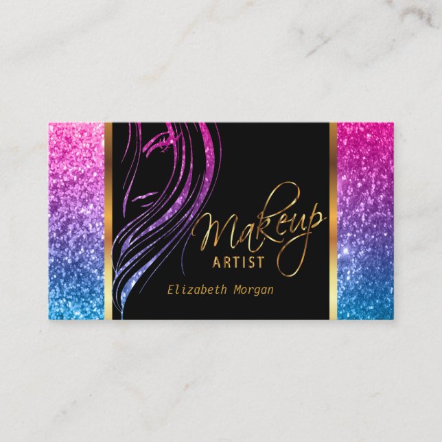 Makeup Artist in A Girly Colorful Glitter Business Card (Front)