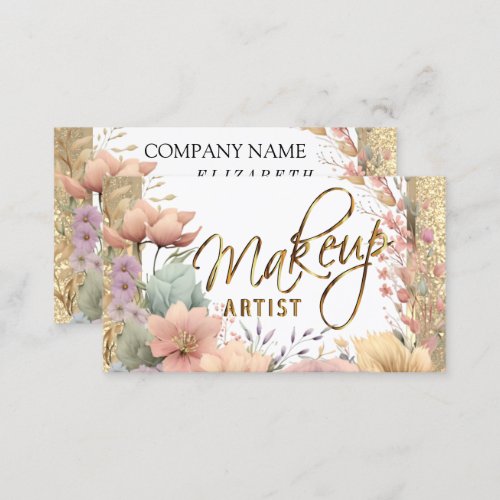 Makeup Artist in Floral and Gold Glitter Business Card