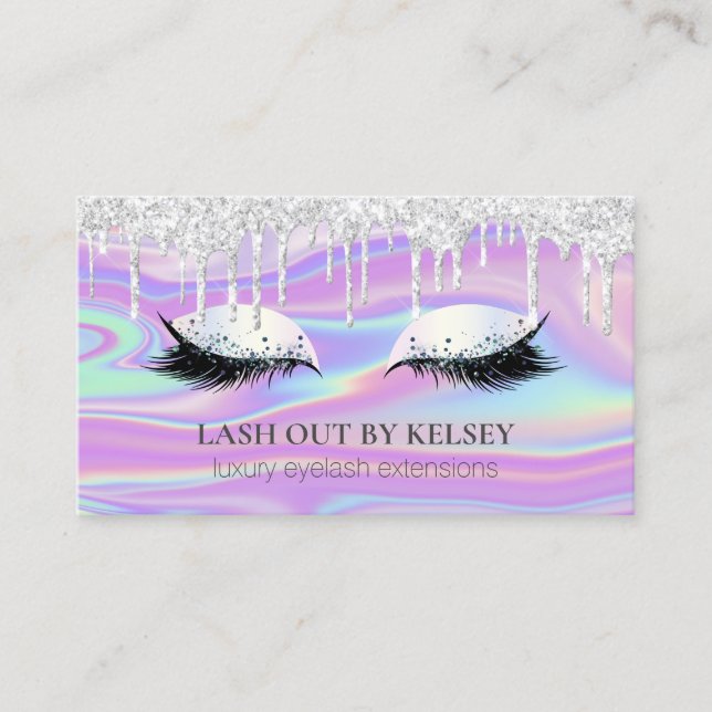 Makeup Artist Iridescent Lash Silver Glitter Drip Business Card (Front)