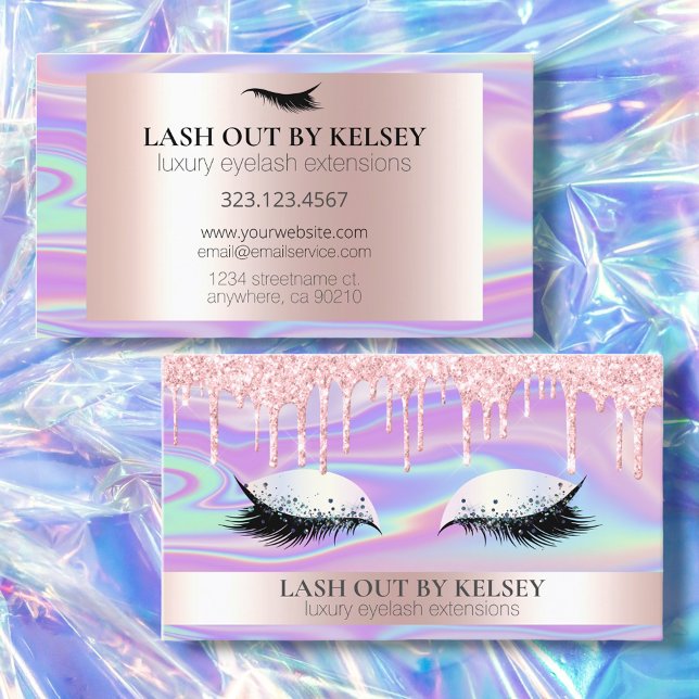 Makeup Artist Iridescent + Pink Dripping Glitter Business Card (Creator Uploaded)