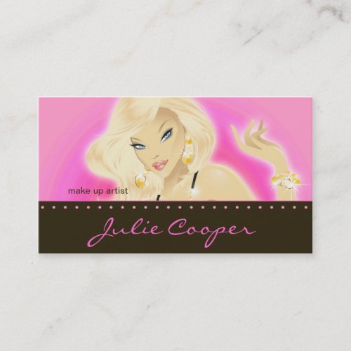 Makeup Artist Jewelry Pretty Blonde Woman Hot Pink Business Card Template