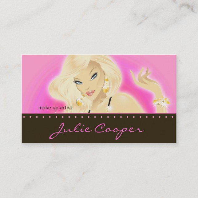Makeup Artist Jewelry Pretty Blonde Woman Hot Pink Business Card (Front)