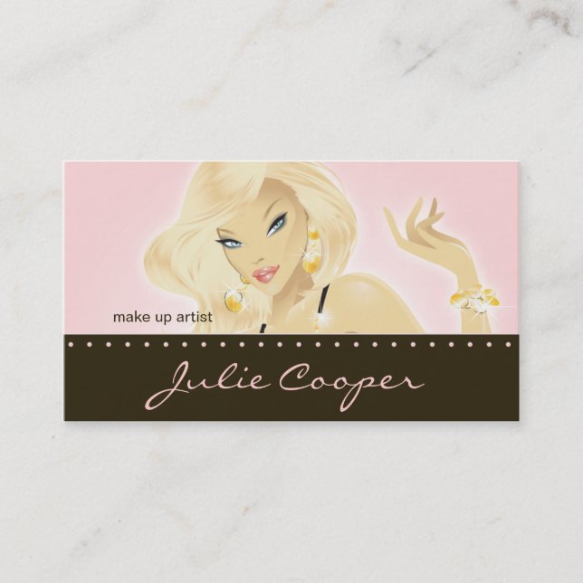 Makeup Artist  Jewelry Pretty Blonde Woman Pink Business Card (Front)