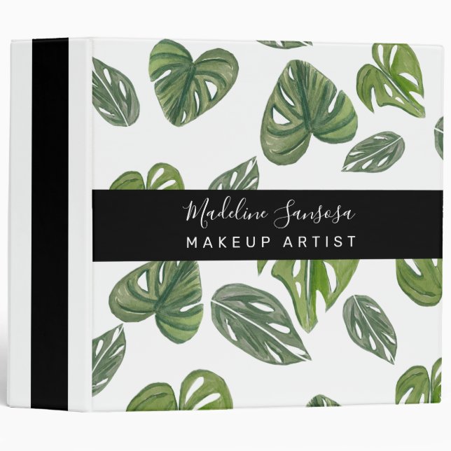 Makeup Artist Jungle Greenery Watercolor Monstera 3 Ring Binder (Front/Spine)