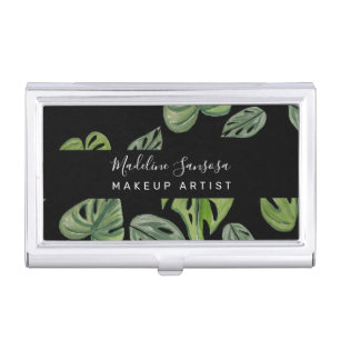 Makeup Artist Jungle Greenery Watercolor Monstera Business Card Case