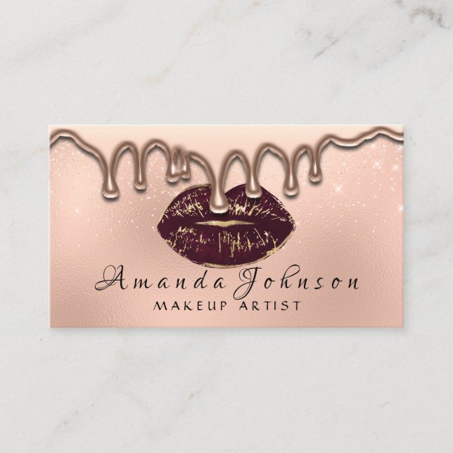 Makeup Artist Kiss Lips Glitter Rose Gold  Drips Business Card (Front)