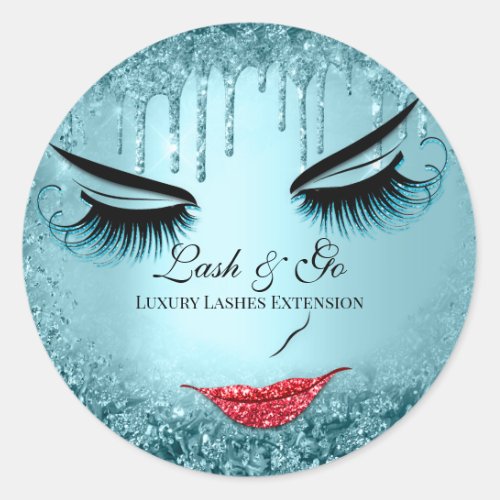 Makeup Artist Lash Extension Red Lips Blue Drips Classic Round Sticker