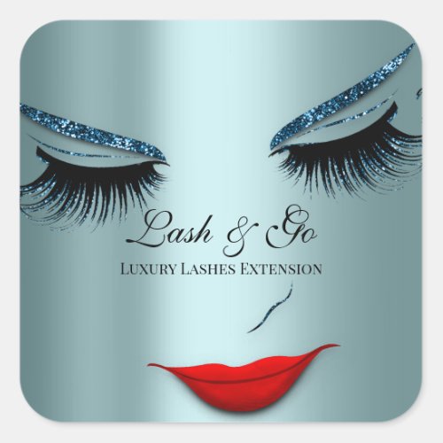 Makeup Artist Lash Extension Red Lips Blue Glitter Square Sticker