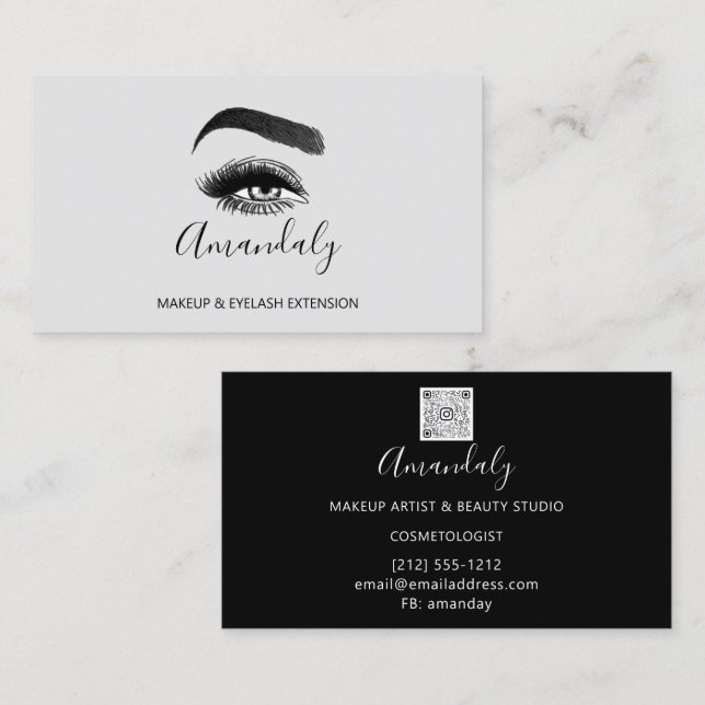 Makeup Artist Lash Friseur Logo QR CODE Gray Black Business Card (Front/Back)