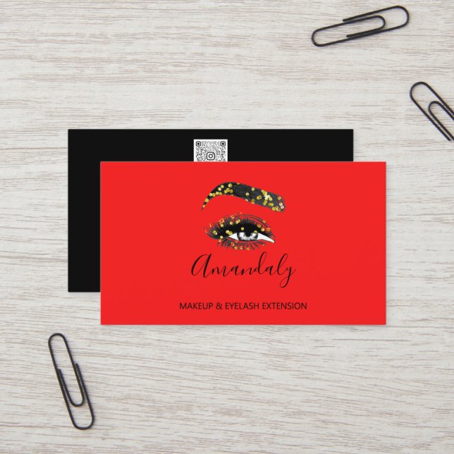 Makeup Artist Lash Friseur Logo QR CODE Red Black Business Card (Front/Back In Situ)