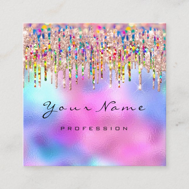 Makeup Artist Lashes Nails Holograph Unicorn Rainb Square Business Card (Front)