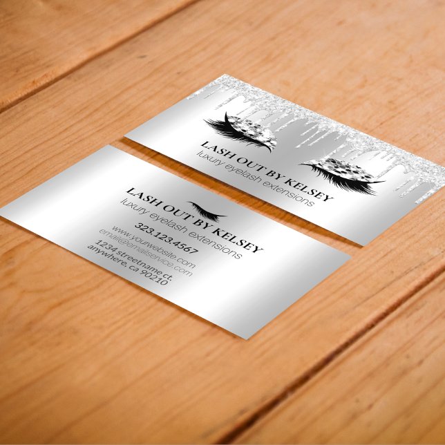 Makeup Artist Lashes Platinum Glitter +Silver Drip Business Card (Creator Uploaded)
