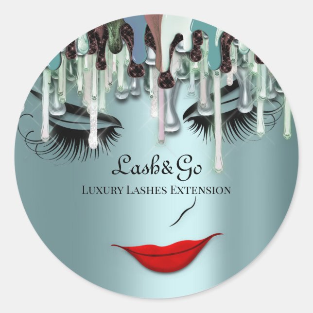 Makeup Artist Lashes Product Drips Mint Green Blue Classic Round Sticker (Front)