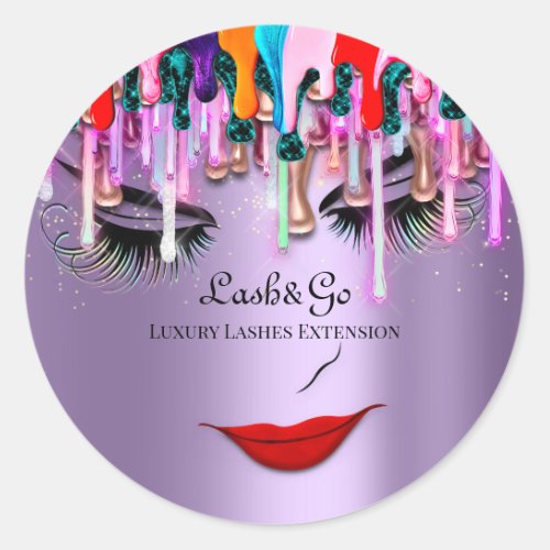 Makeup Artist Lashes Product Drips Purple Glitter Classic Round Sticker