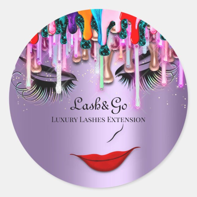 Makeup Artist Lashes Product Drips Purple Glitter Classic Round Sticker (Front)