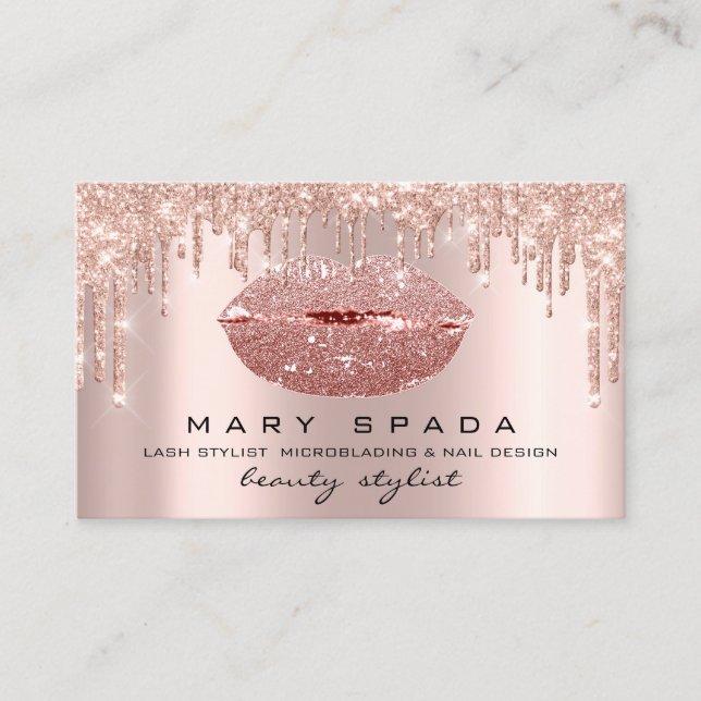 Makeup Artist Lashes  Rose Drips Kiss Lips Glitter Business Card (Front)