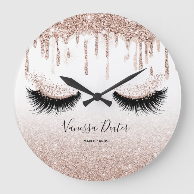 Makeup Artist Lashes Spark Drips Rose Gold Large Clock (Front)