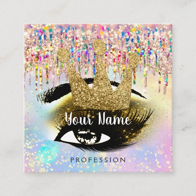 Makeup Artist Lashes Studio Gold Holograph Crown Square Business Card (Front)