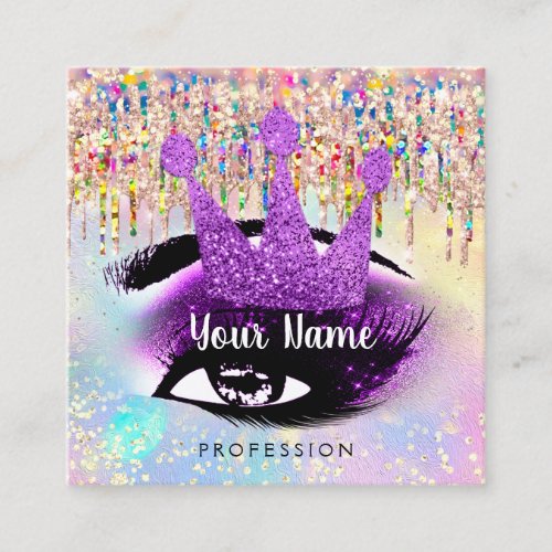 Makeup Artist Lashes Studio Pink Holograph Crown Square Business Card