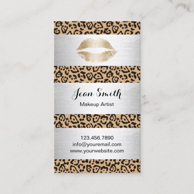 Makeup Artist Leopard Print Silver Stripes Elegant Business Card (Front)