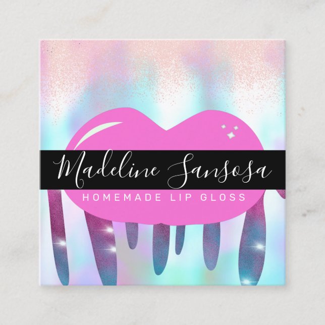 Makeup Artist Lip Gloss Glitter Dripping Hologram Square Business Card (Front)