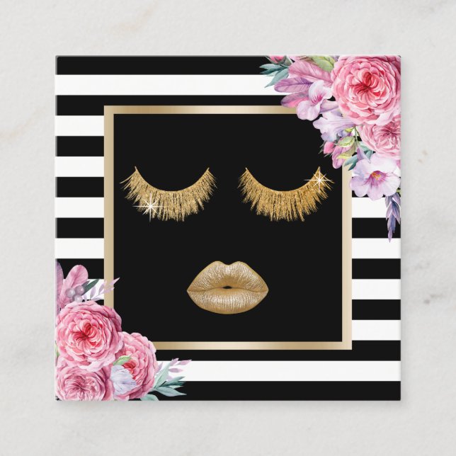 Makeup Artist Lips & Lashes Modern Floral Stripes Square Business Card (Front)