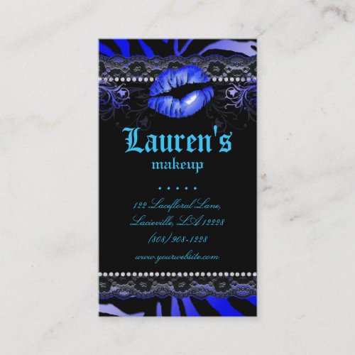 Makeup Artist Lips N Lace Blue Zebra Modern Business Card Template