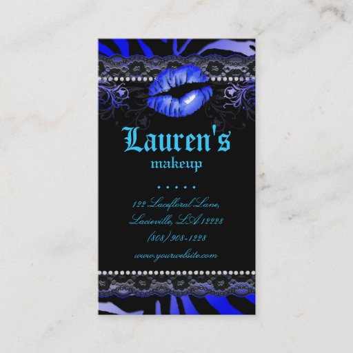 Customizable Makeup Artist Lips N Lace Blue Zebra Modern Business Card Template