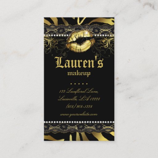 Customizable Makeup Artist Lips N Lace Gold Zebra Modern Business Card Template