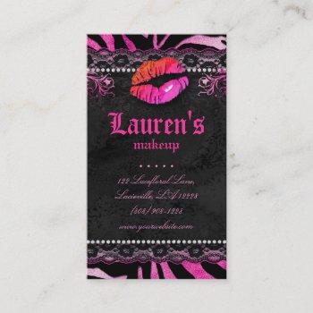 Makeup Artist Lips N Lace Pink Zebra Business Card by thefashioncafe at Zazzle