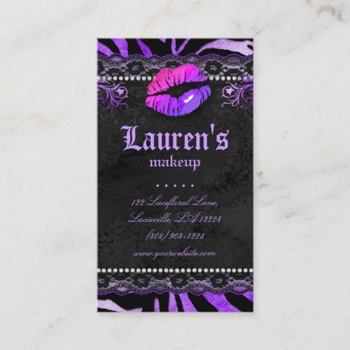 Makeup Artist Lips N Lace Purple Zebra Business Card Template