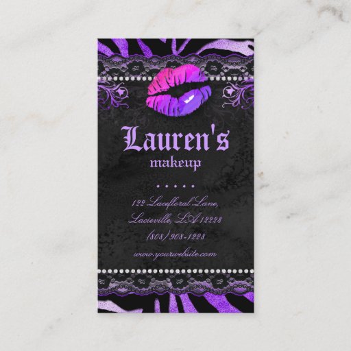 Customizable Makeup Artist Lips N Lace Purple Zebra Business Card Template