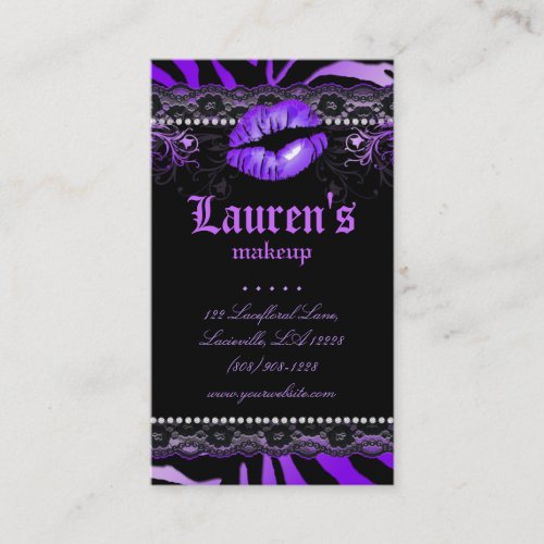 Makeup Artist Lips N Lace Purple Zebra Modern Business Card Template