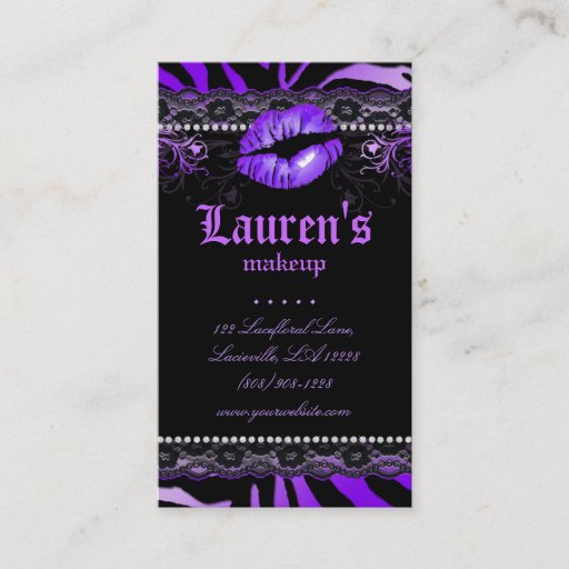 Customizable Makeup Artist Lips N Lace Purple Zebra Modern Business Card Template