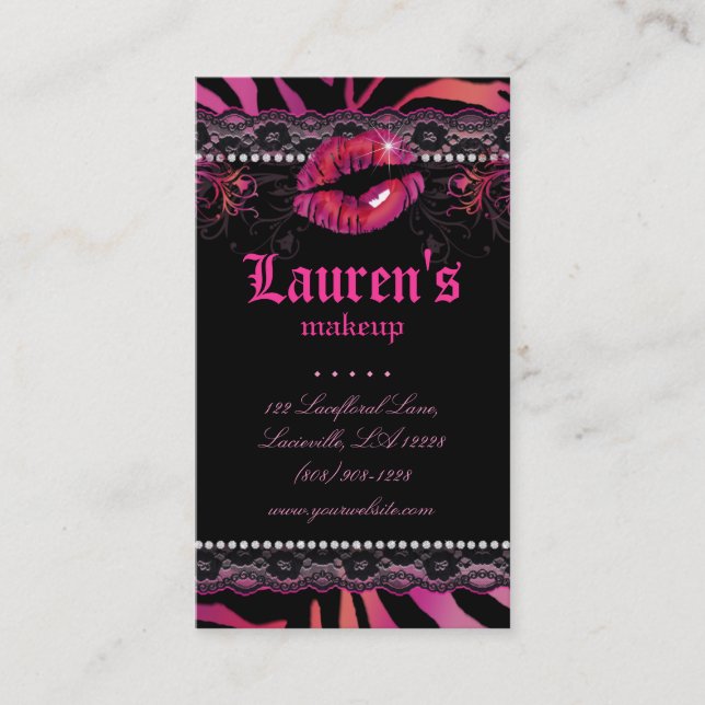 Makeup Artist Lips N Lace Zebra Red Pink Business Card (Front)