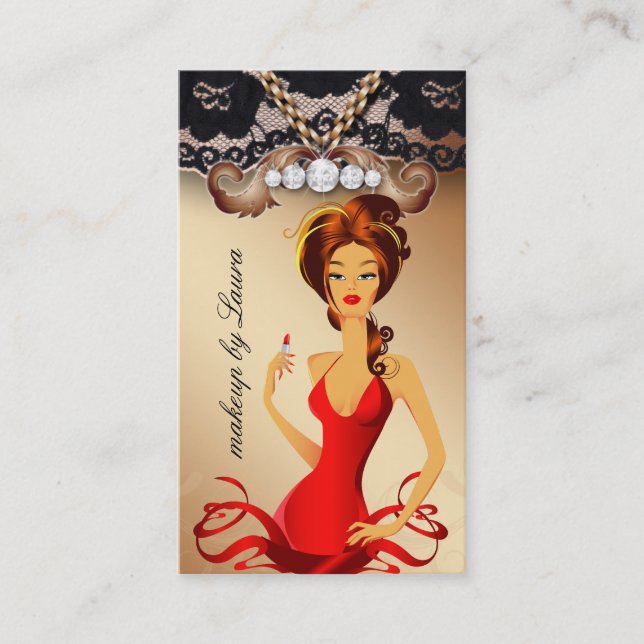 Makeup Artist Lips N Lipstick Jewelry Gold Lace Business Card (Front)