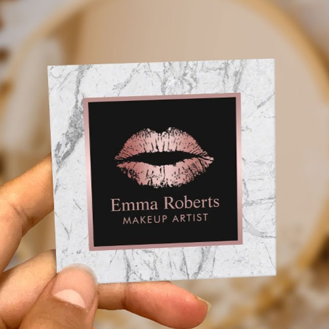 Makeup Artist Lips Rose Gold Glitter White Marble Square Business Card (Creator Uploaded)