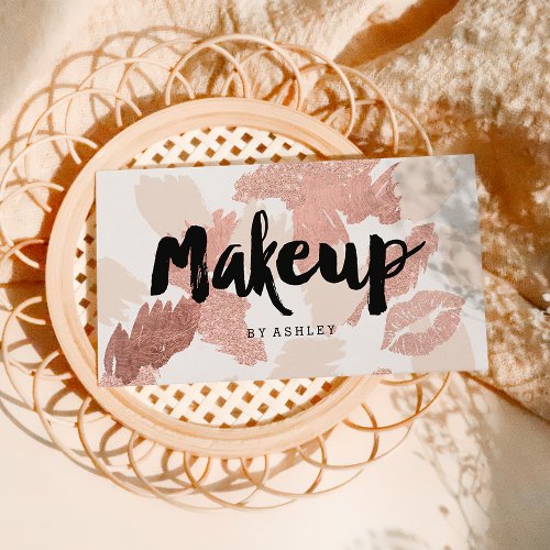 Makeup artist lips rose gold script brushstrokes business card