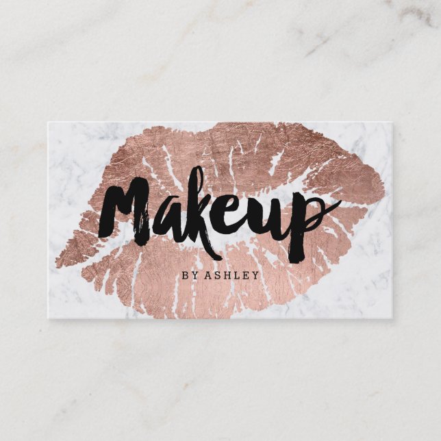 Makeup artist lips rose gold typography marble business card (Front)