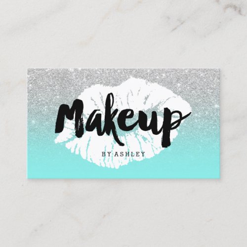 Makeup artist lips typography silver glitter teal business card