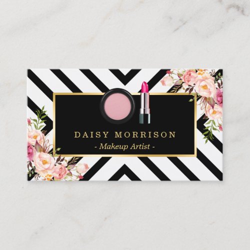 Makeup Artist Lipstick Cosmetics Floral Stripes Business Card