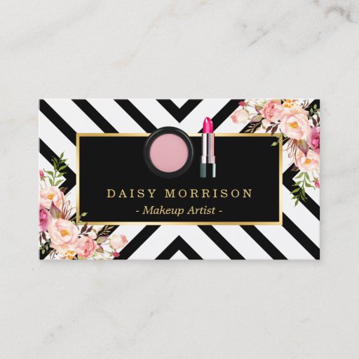 Customizable Makeup Artist Lipstick Cosmetics Floral Stripes Business Card