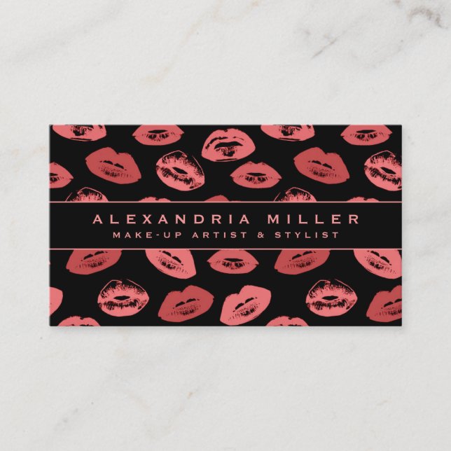 Makeup Artist | Lipstick Kisses Pattern | Black Business Card (Front)