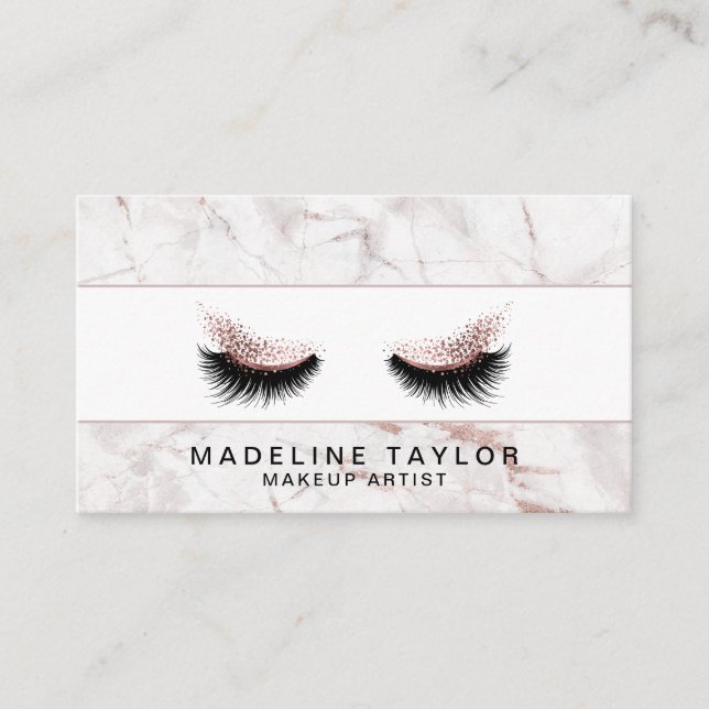 Makeup artist Long Lashes Glitter Rose Gold Marble Business Card (Front)