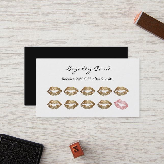 Makeup Artist Loyalty Chic Gold Lips Card (Front/Back In Situ)