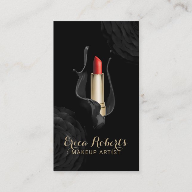 Makeup Artist Modern Black Floral Red Lipstick Business Card (Front)
